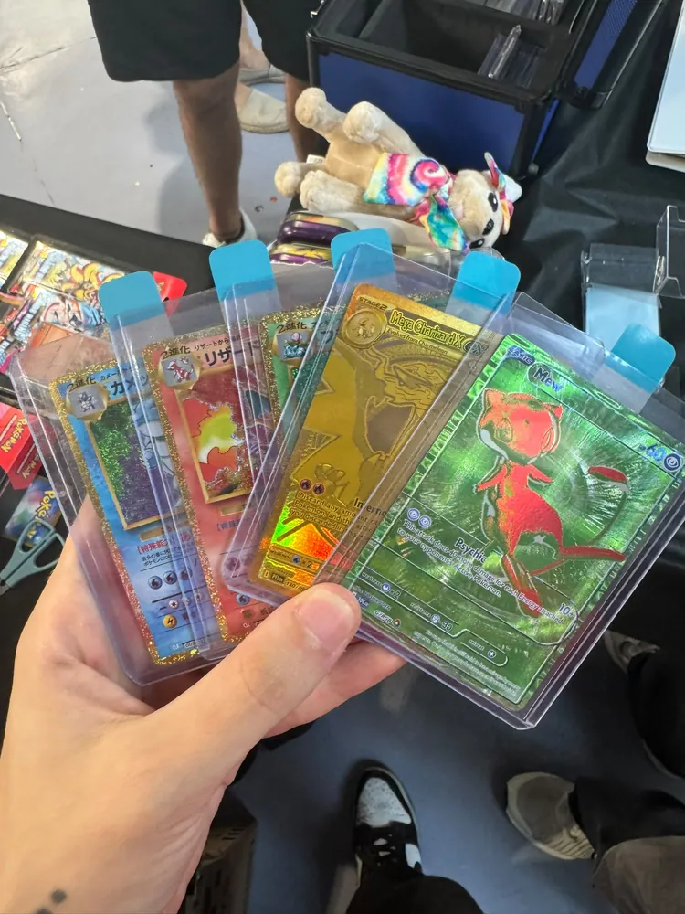 Cartas de Charizard, Blastoise y Mew protegidas en toploaders